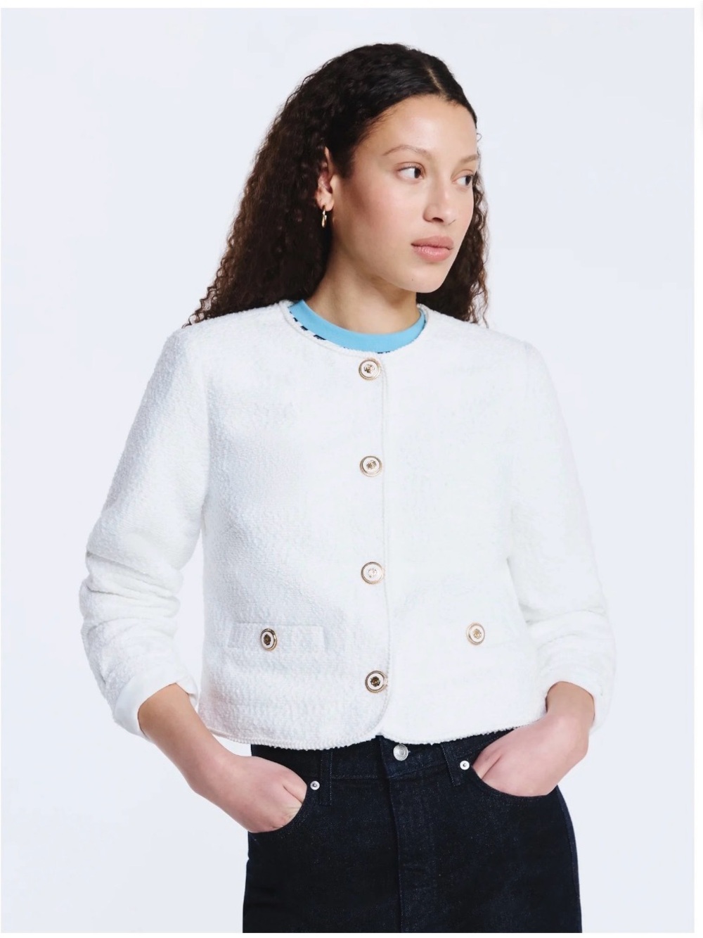 Classic White Bouclé Snap-Front Jacket